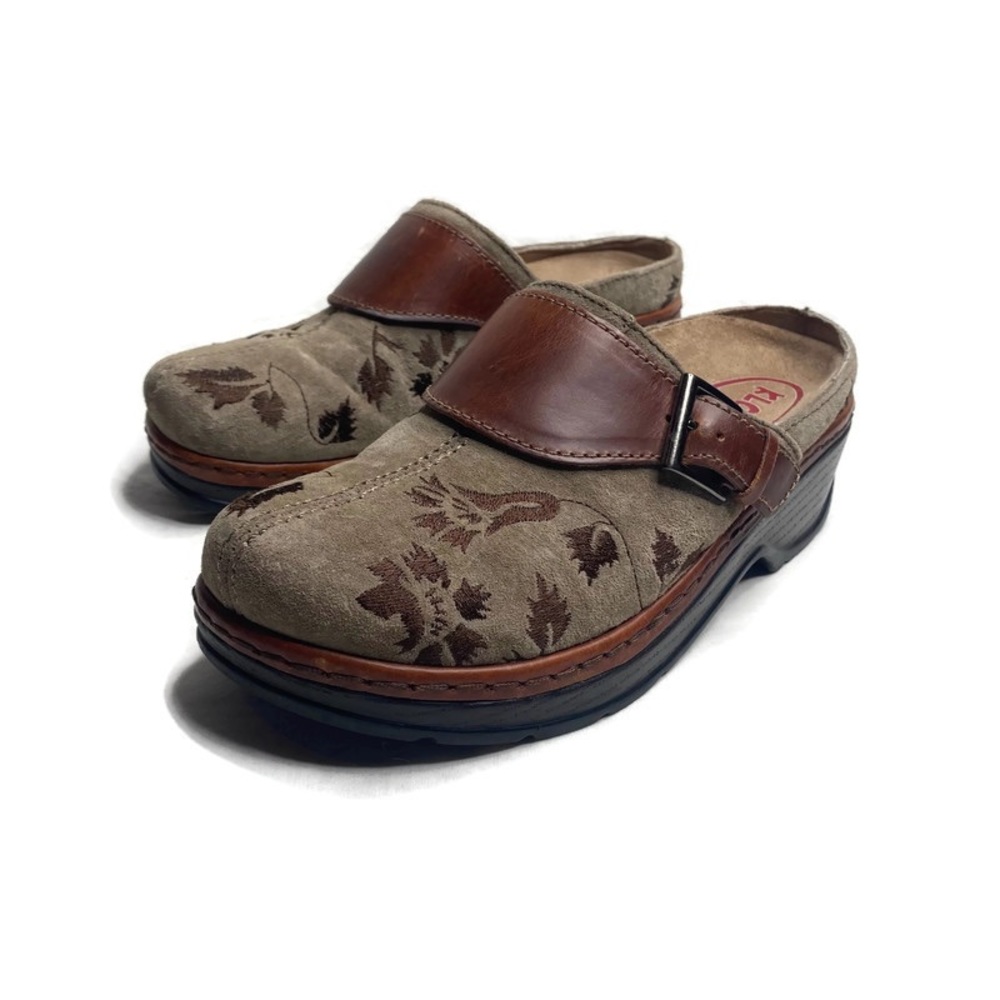 Klogs Tan Suede Embroidered Floral Clogs Size 7